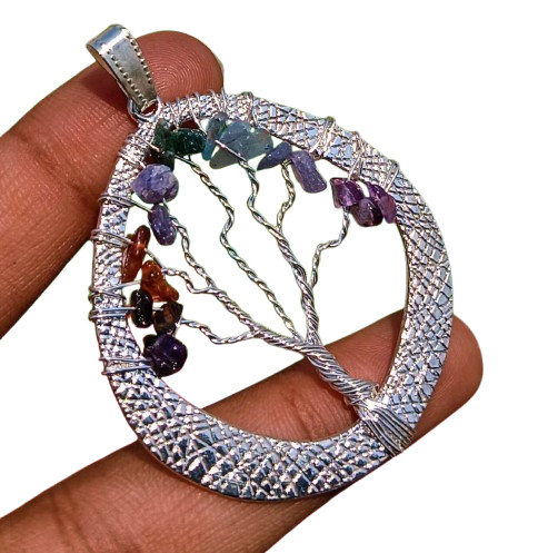 Healing Multi Gemstone 925 Sterling Silver Plated Life Of Tree Pendant Gift D010