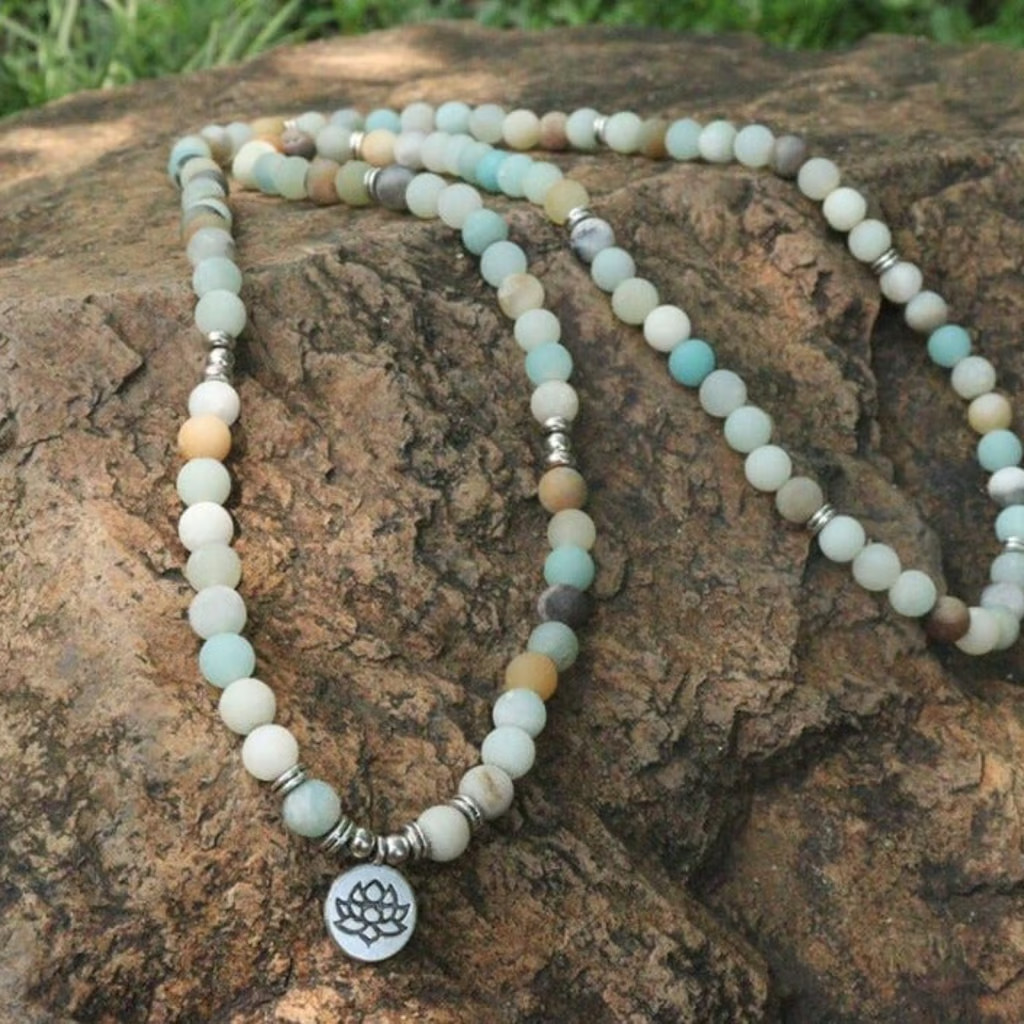108 Mala Prayer Beads Healing Meditation Crystal Amazonite Stone Necklace