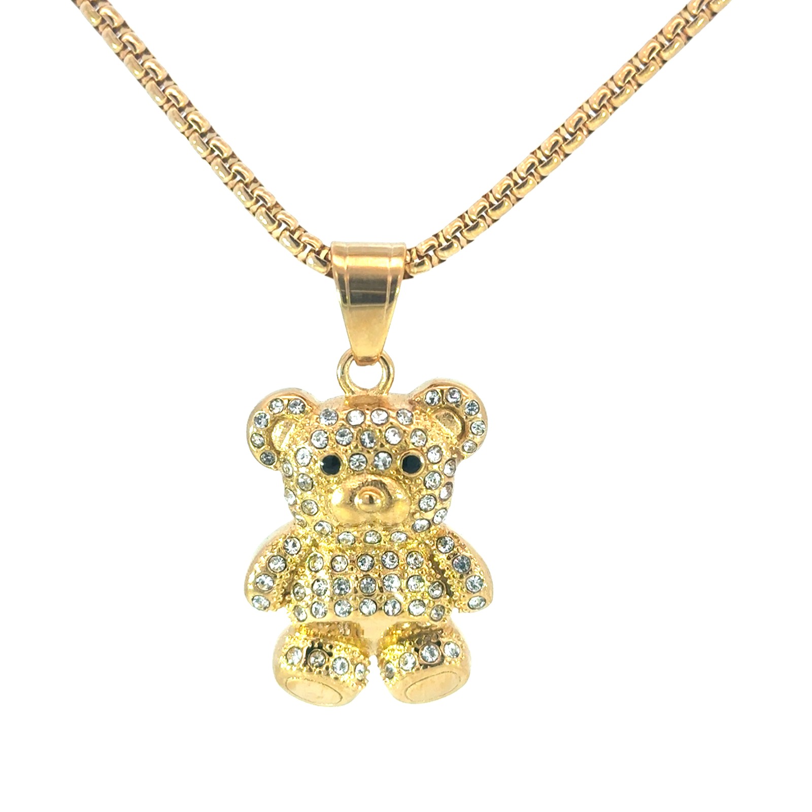 CZ-Paved Teddy Bear Stainless Steel Pendant Necklace – Gold Tone