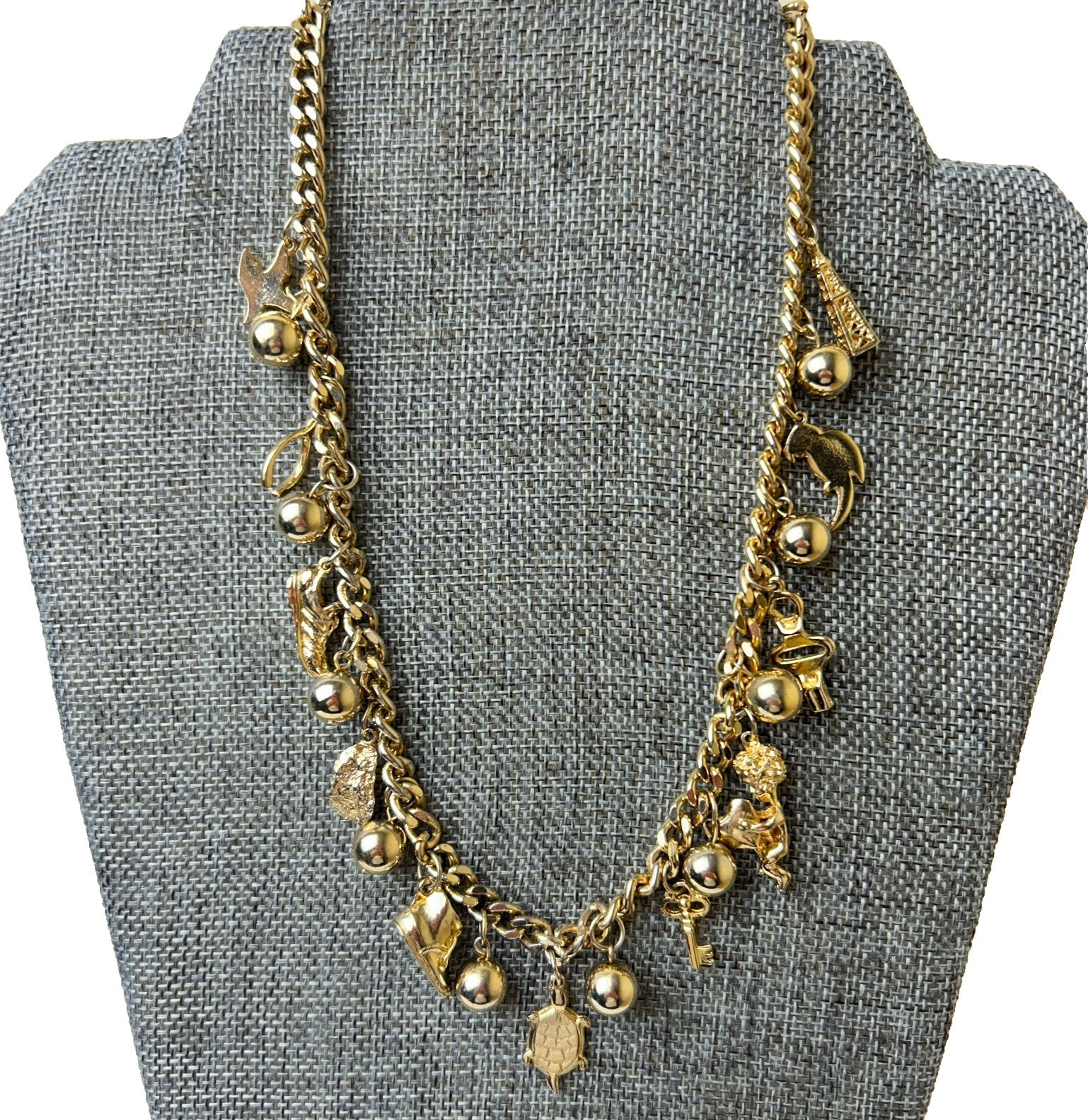 90s Curb Link Charm Necklace Gold Tone Chunky 18″ L Various Life Event Charms