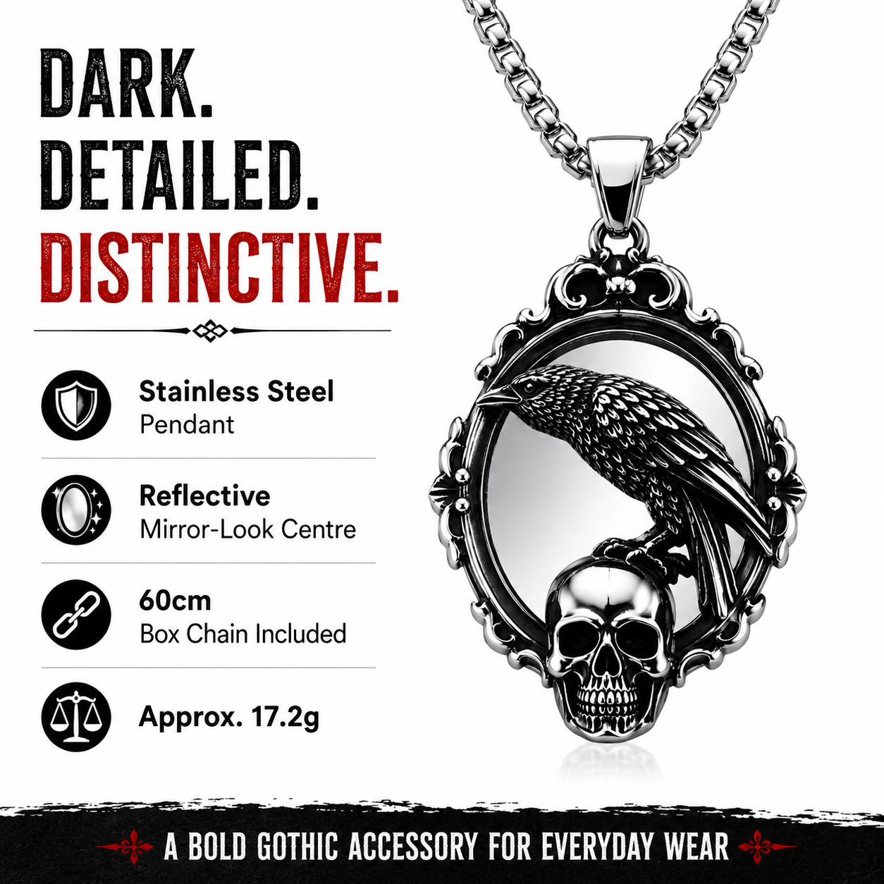 Men’s Gothic Raven Skull Mirror Necklace Antique Silver Pendant Chain Biker Gift