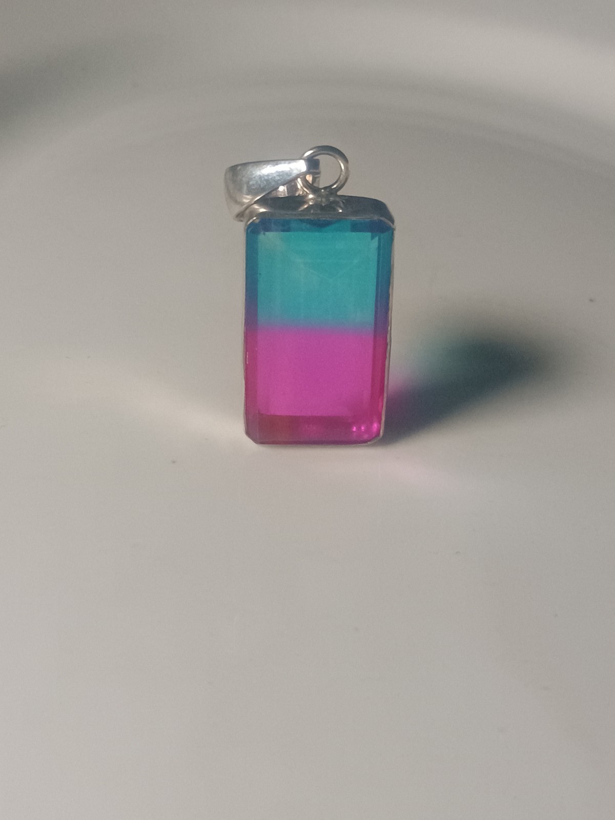 Pendant Tourmaline Bi-Color Gemstone set in Silver Plated Rectangular Shape
