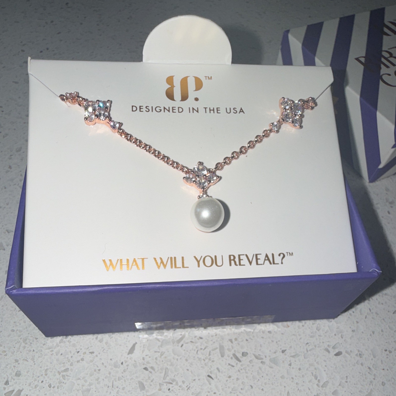 BP NK25489 Rose Gold Plated Crystal Accent White Ceramic Pearl Charm 18in Adj