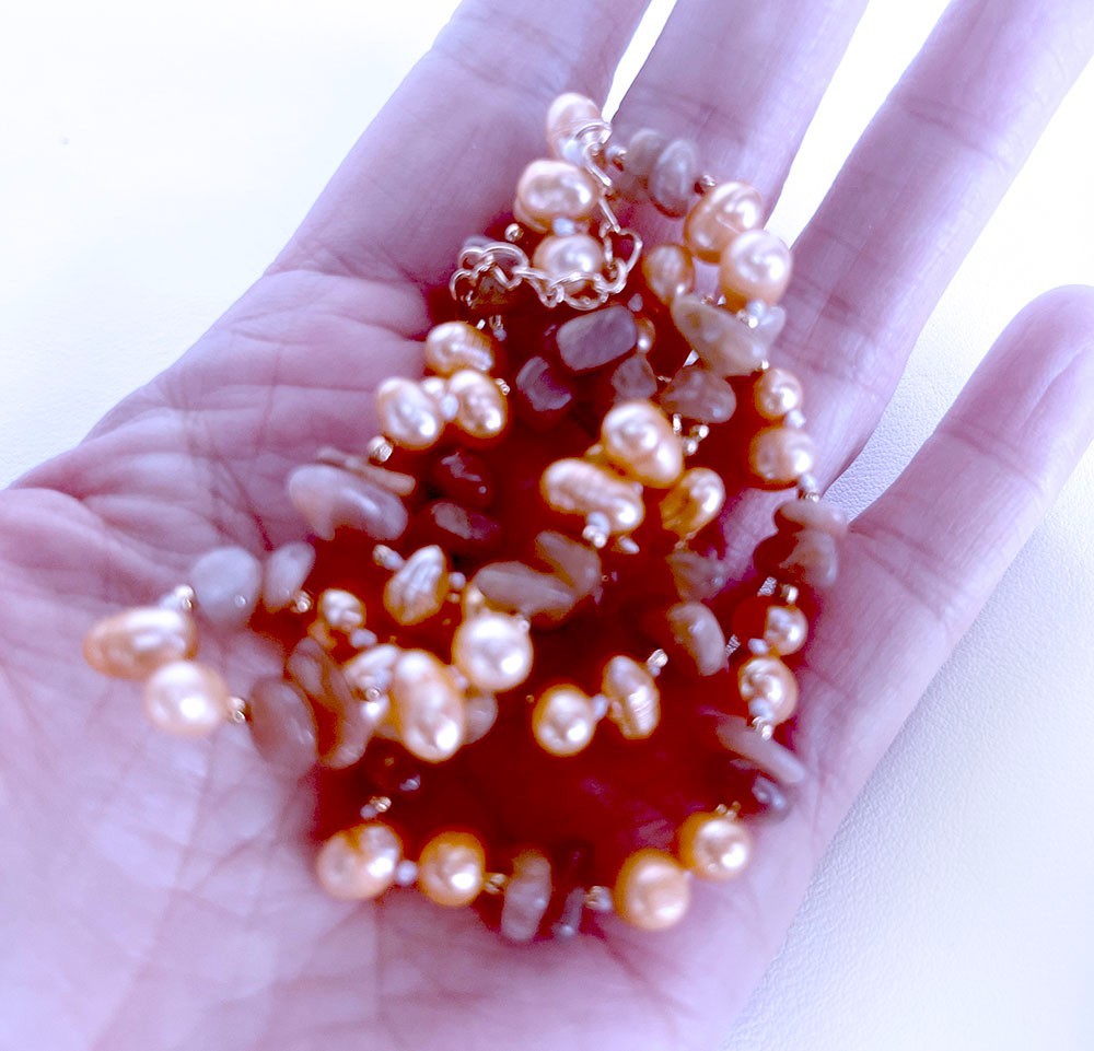 5-8mm chip orange sunstone 6-7mm oval freshwater pearl necklace 15″1/2-17″1/2