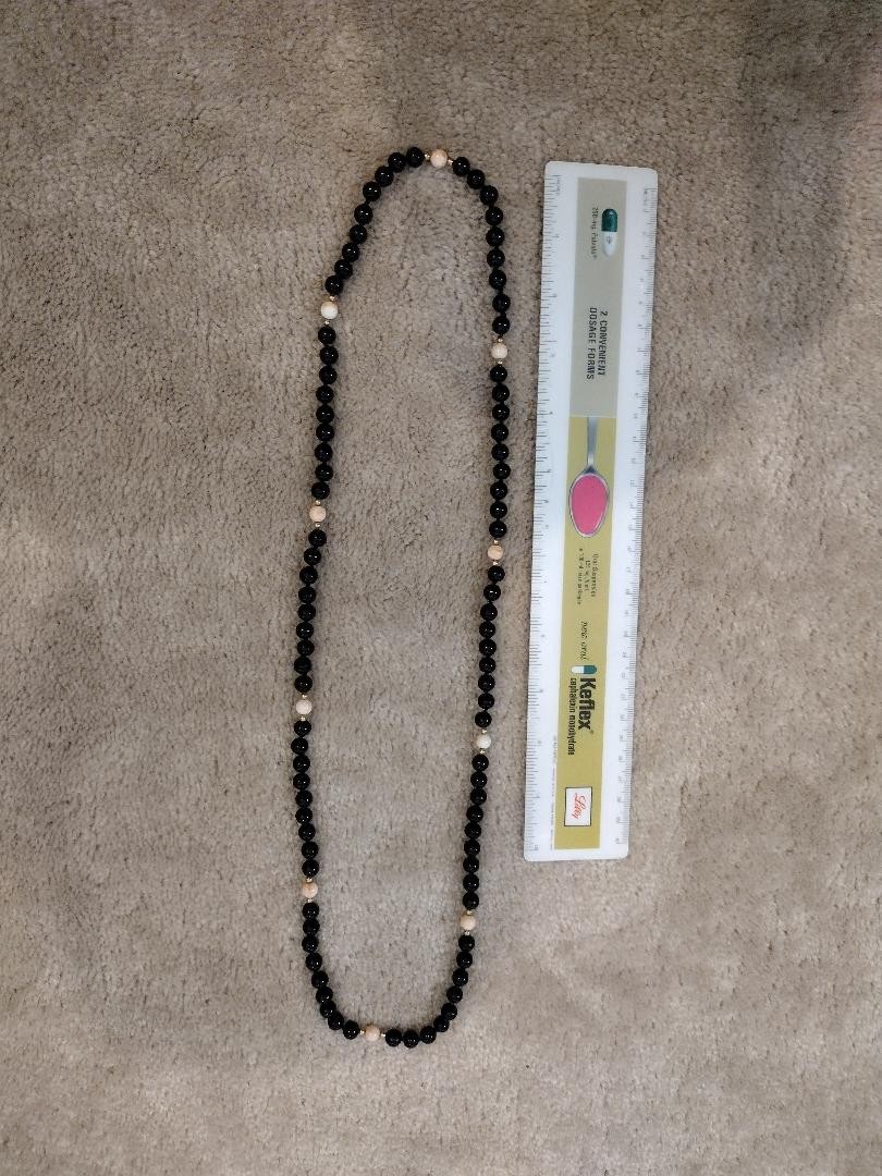 Black and Pink Coral Necklace Gold beads hand knotted 16 inch. Ships Free