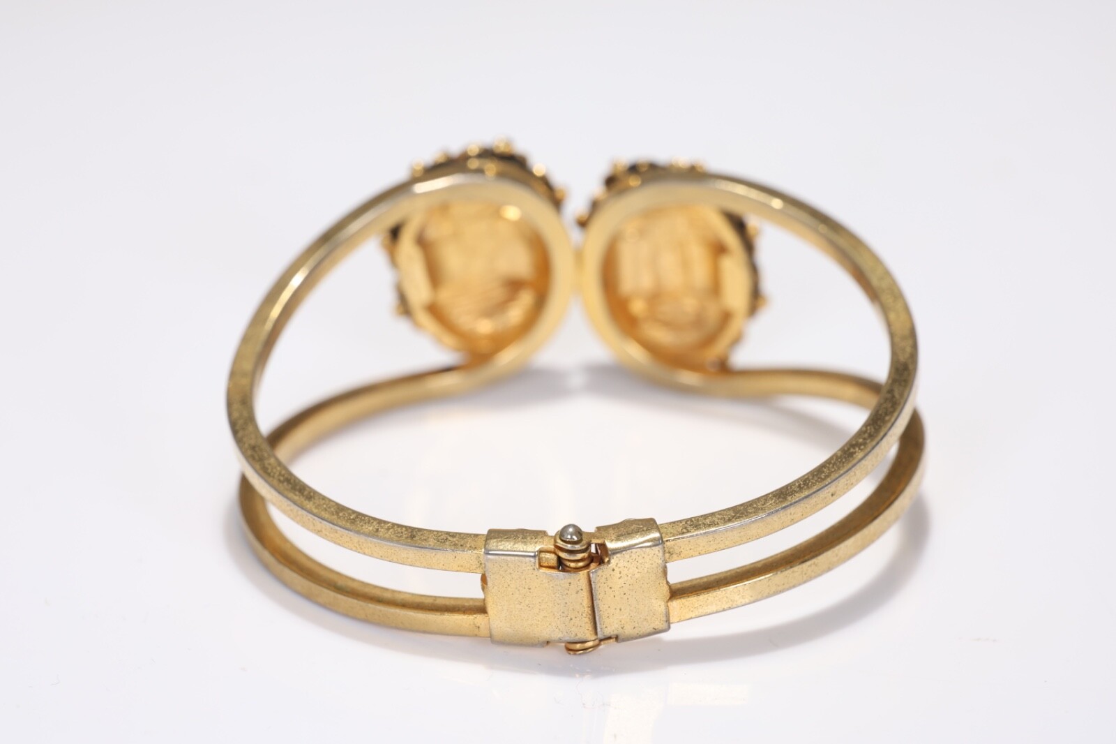 Vintage Jade Flower Gold Tone Clamper Cuff Bracelet