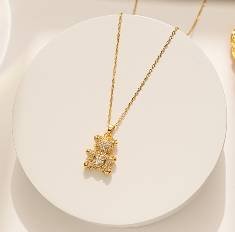 Trendy Gold Titanium Love Heart Teddy Bear Pave CZ Pendant Chain Necklace