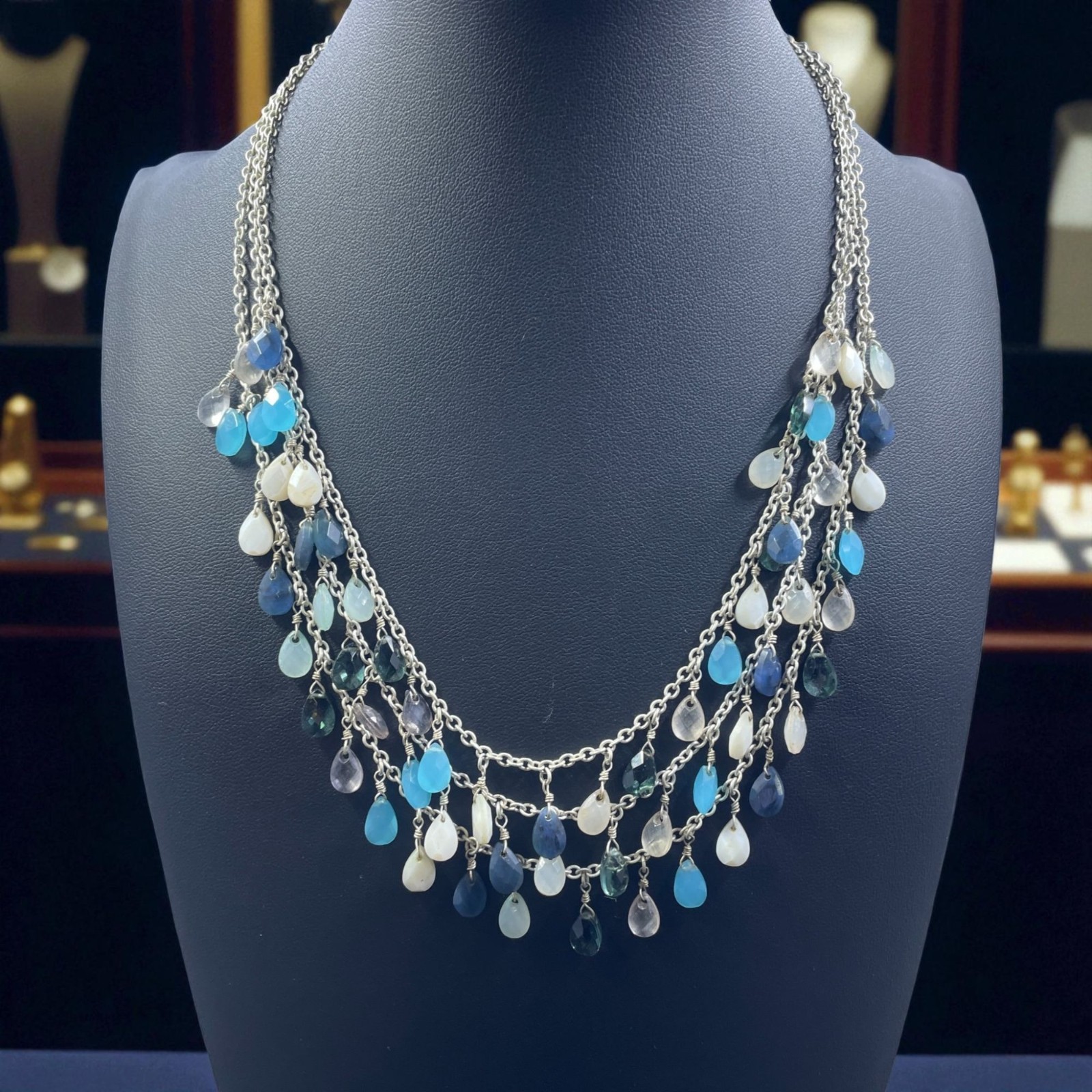 Boho Mermaidcore Layered Gemstone Dangle Necklace Silver Tone Coastal Resort