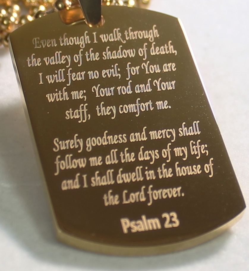 PSALM 23 THICK IPG GOLD NECKLACE DOG TAG STAINLESS STEEL ROLO CHAIN