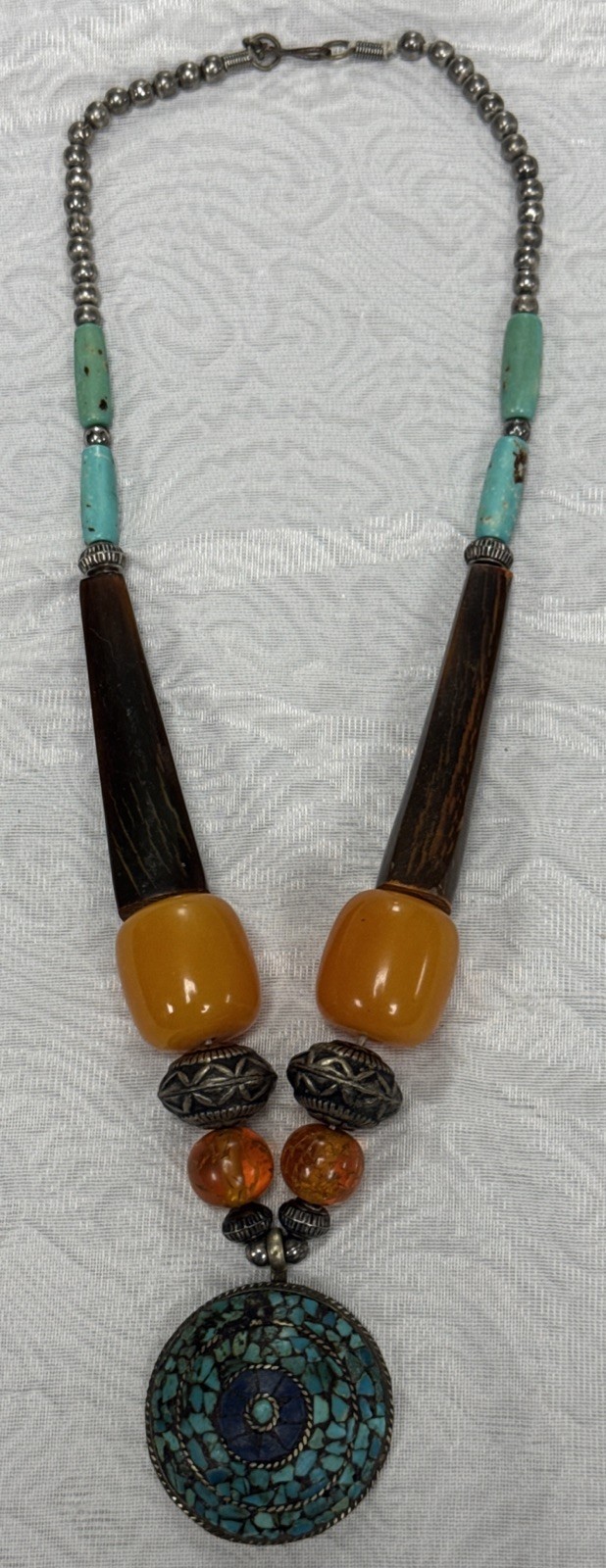 Vintage Bohemian Multi Color Necklace Tibetan Resin Amber with Turquoise Pendant