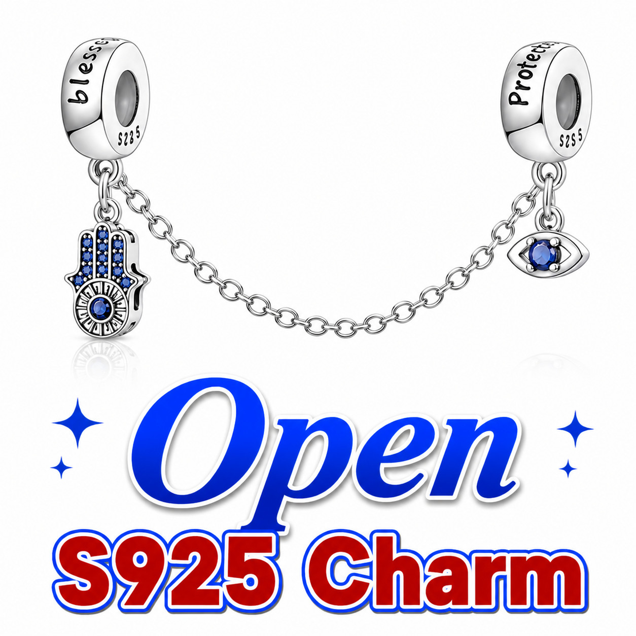 S925 Sterling Silver Evil Eye Safety Chain Charm Pendant European Bracelet Simul