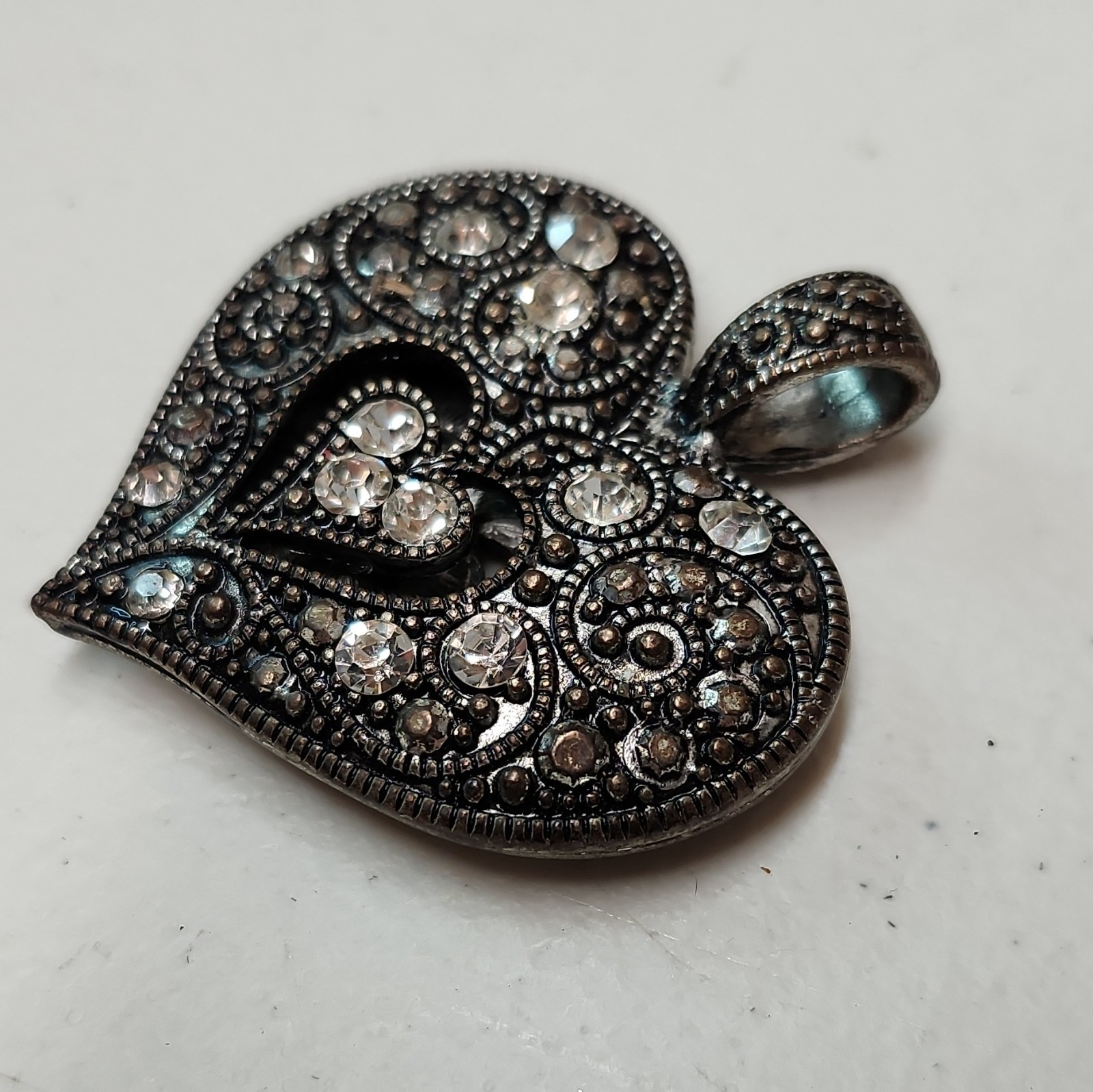 Heart Pendant Charm with White/Colorless Round Crystal Rhinestones, Silver Tone