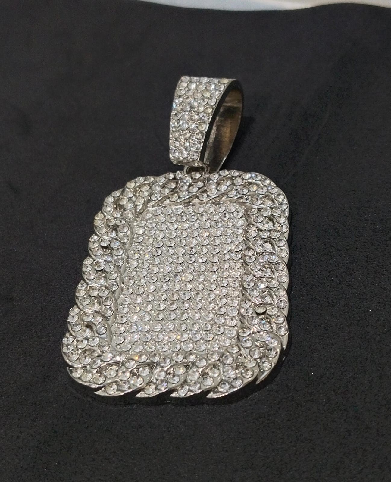 Men’s Full Iced Bling Dog Tag Pendant Stainless Steel 14K White Gold Plating