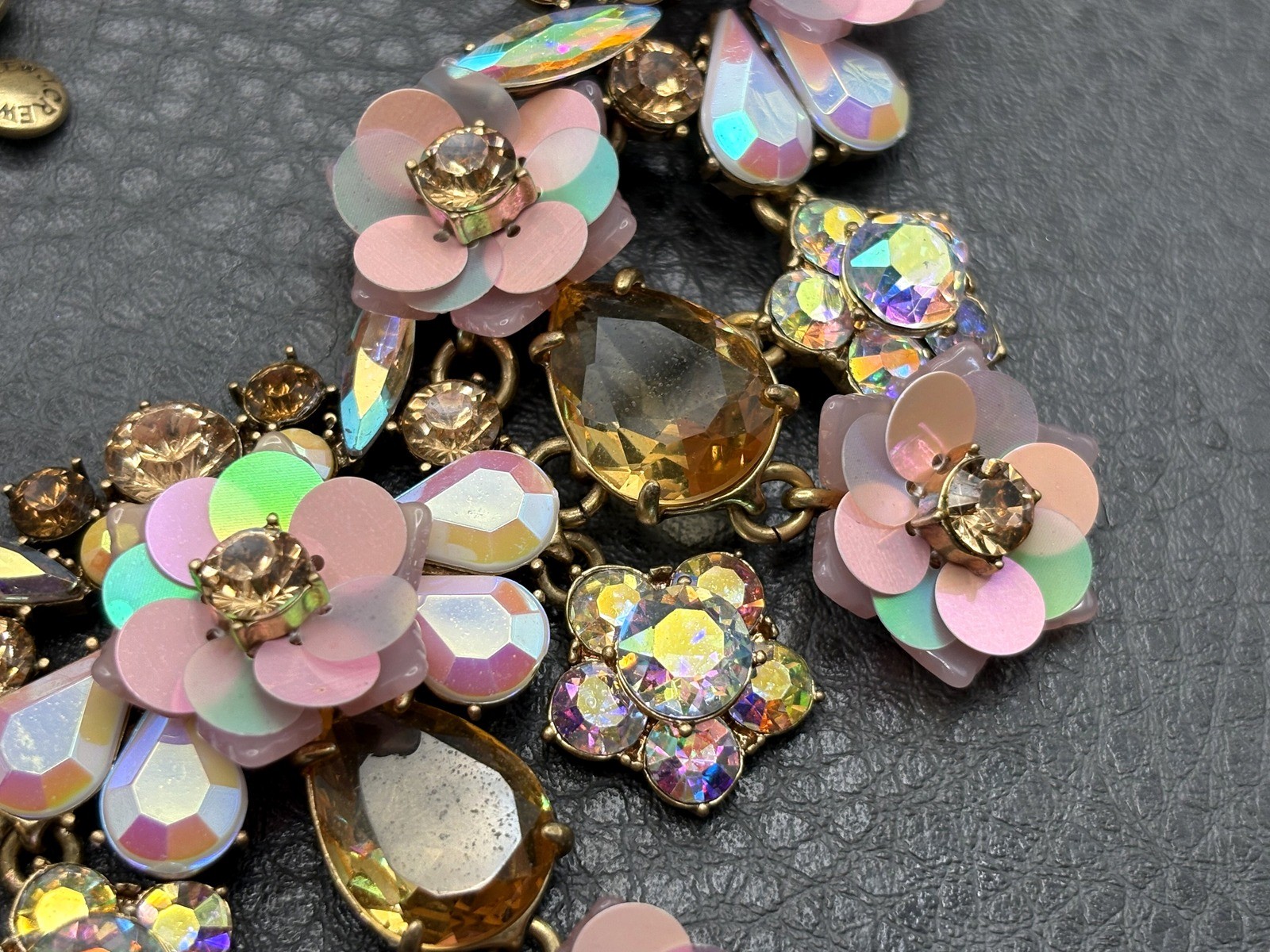 J Crew Amazing Floral Statement Bib Necklace Iridescent Pink Flowers Rhinestones