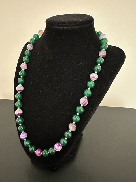 Natural Green and Purple Striped Agate 10 mm Gemstone Round Beads 22 ” Necklace.