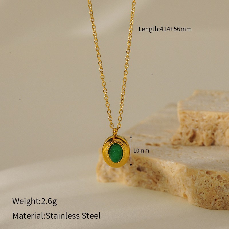 Vintage Emerald Stainless Steel Necklace Inlaid Titanium Steel Pendant Necklace