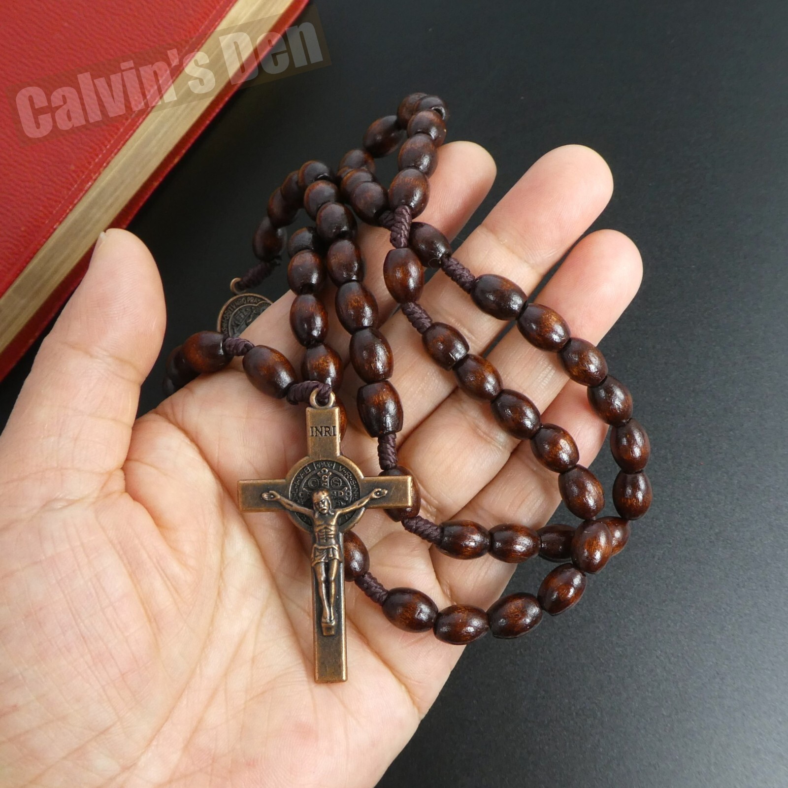 Coffee Brown Oval Wood Bead Antique Brass Crucifix Rosary Necklace Five Decade