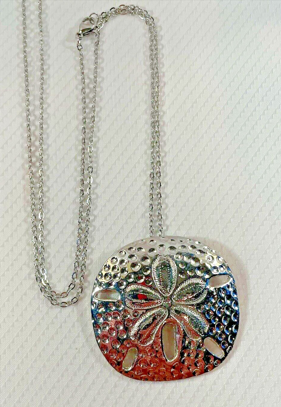 Sand Dollar LG Silver Necklace 30” Stainless Chain Coastal Sea Life Jewelry NEW