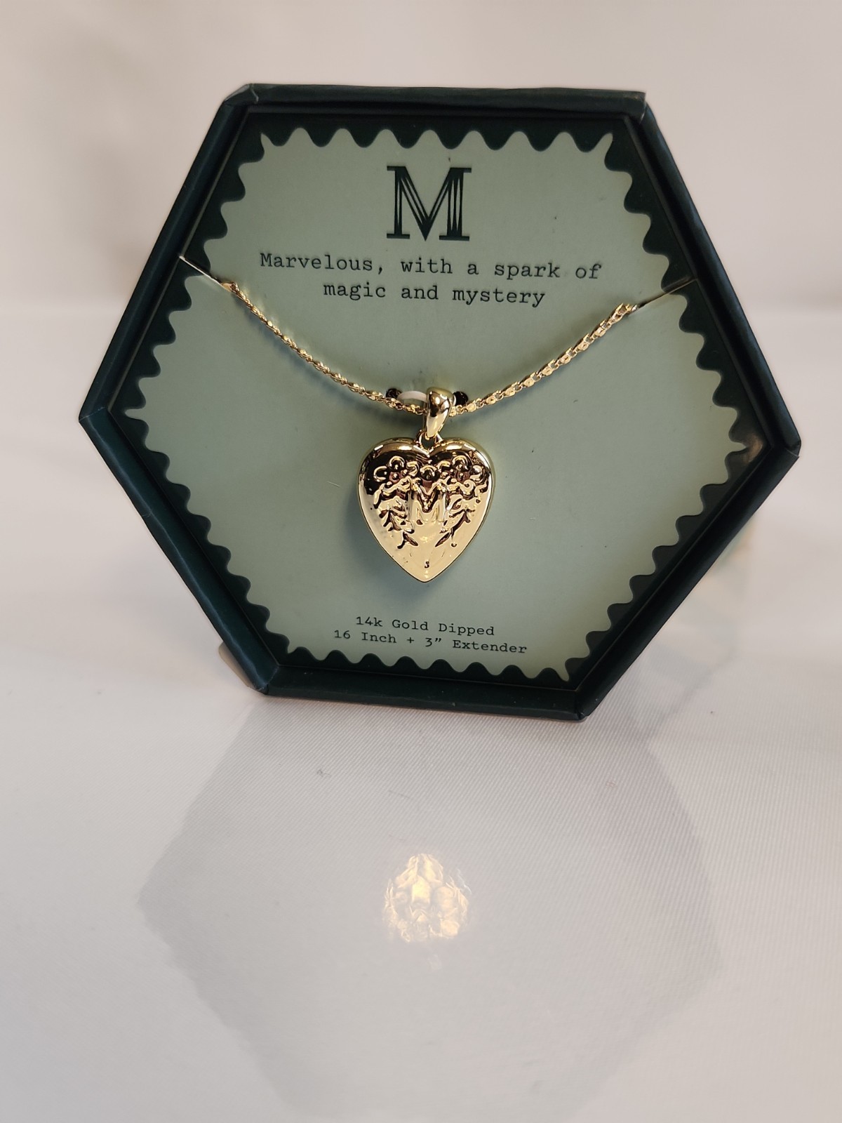 A New Day 14k Gold Dipped Initial M Heart Locket Necklace Floral Engraved Boxed