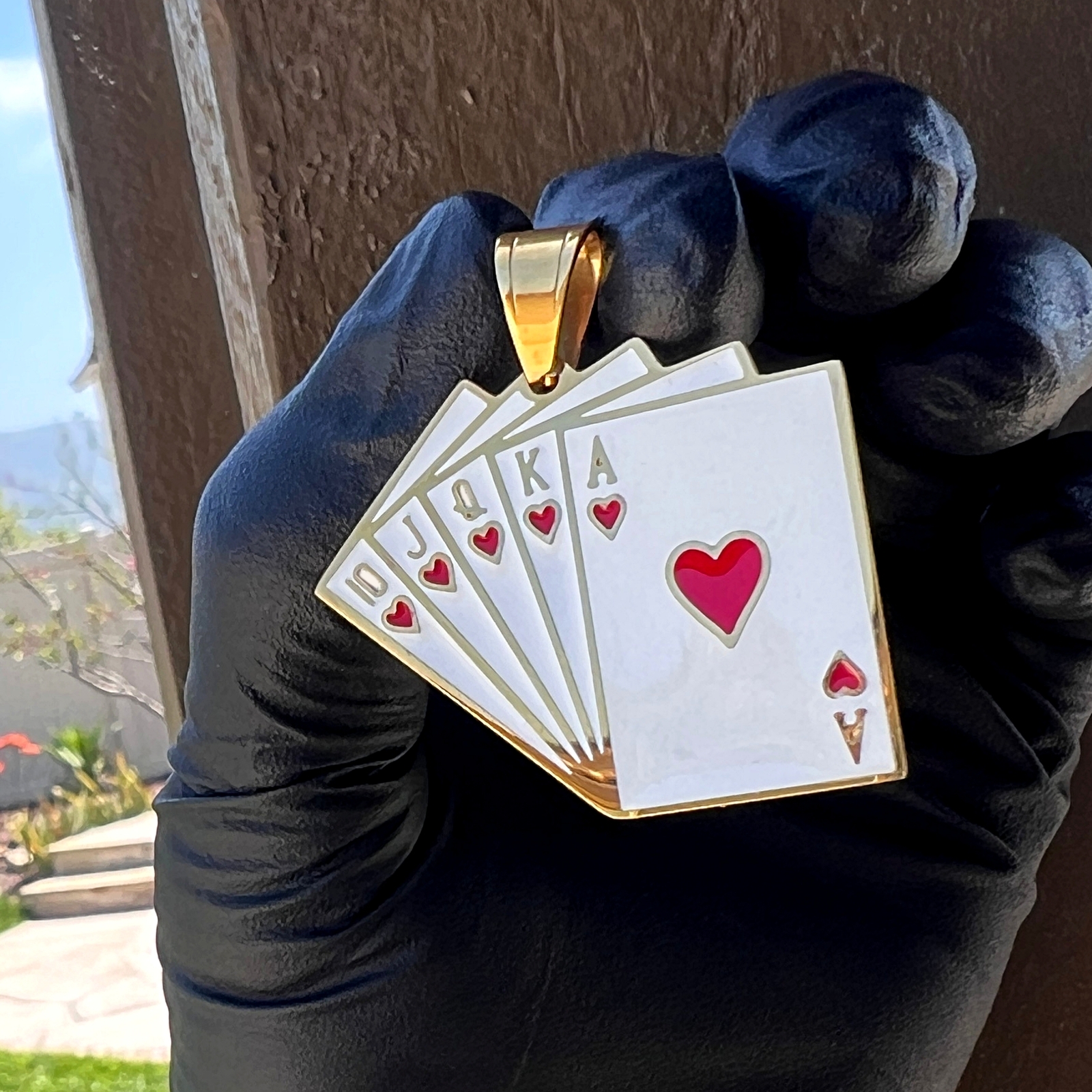 18K Gold Plated Stainless Steel Hearts Royal Flush Poker Playing Cards Pendant