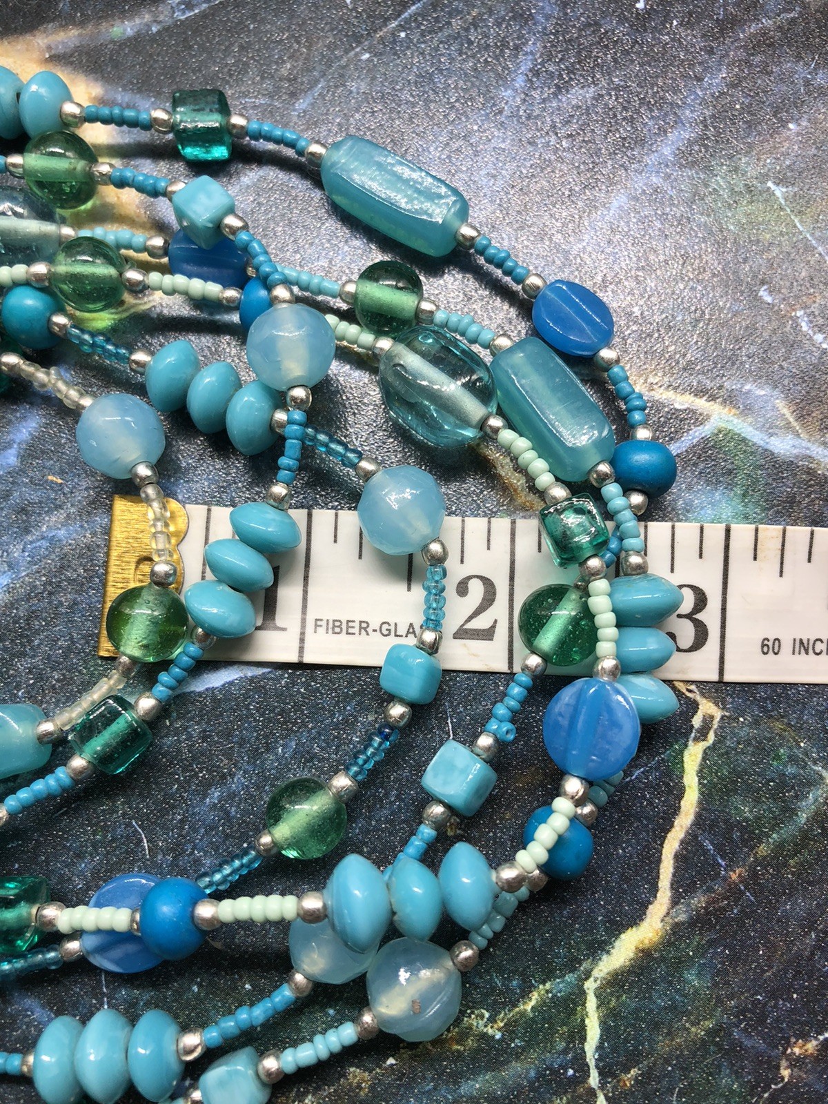 Multi Strand Blue & Green Glass Beaded Necklace