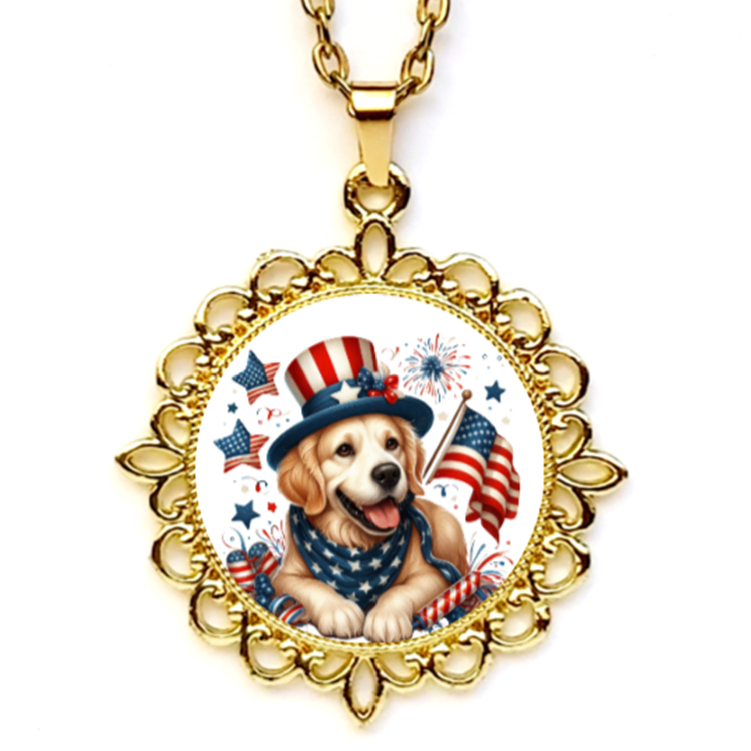 Patriotic Puppy Dog 4th Of July Bezel Pendant Silver Gold Rose Gold Tone USA