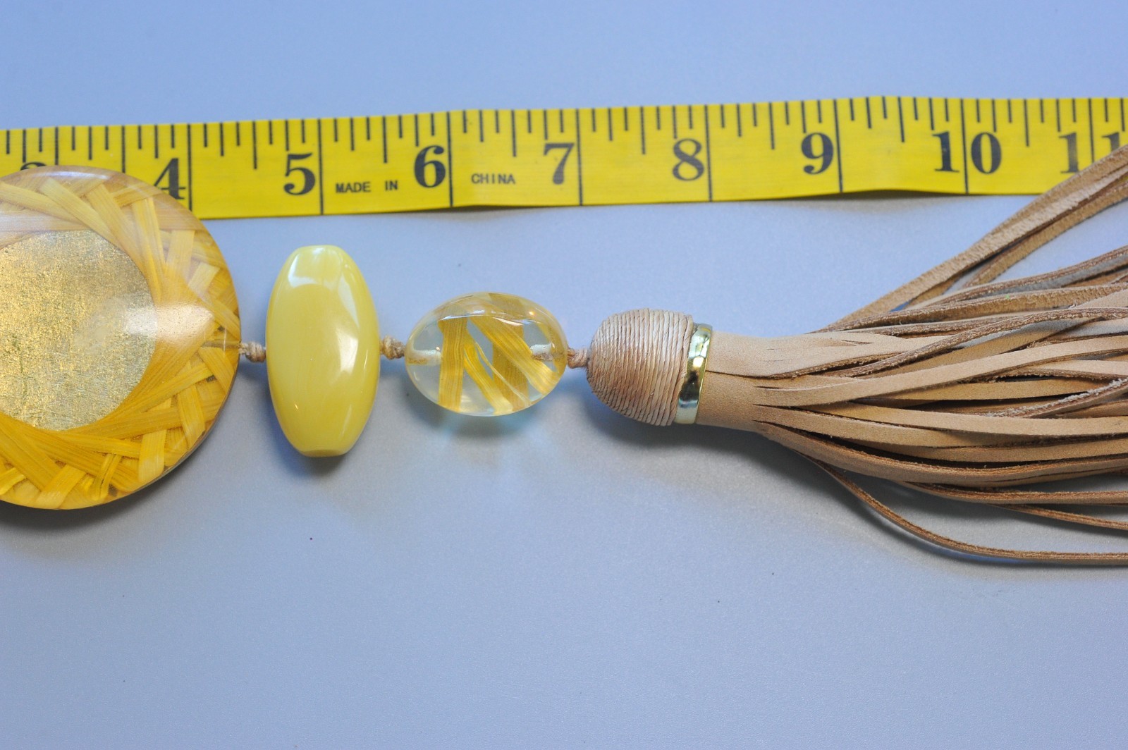Chico’s necklace faux leather chunky tassel boho long costume yellow straw B