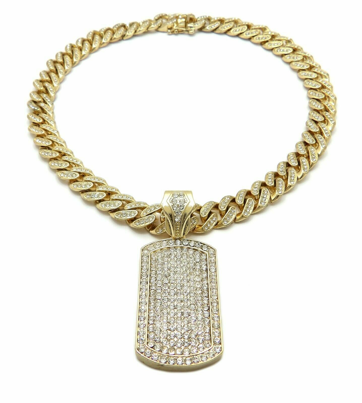Hip Hop Dog Tag pendant & 18″ Box Lock Iced Miami Cuban Choker Chain Necklace
