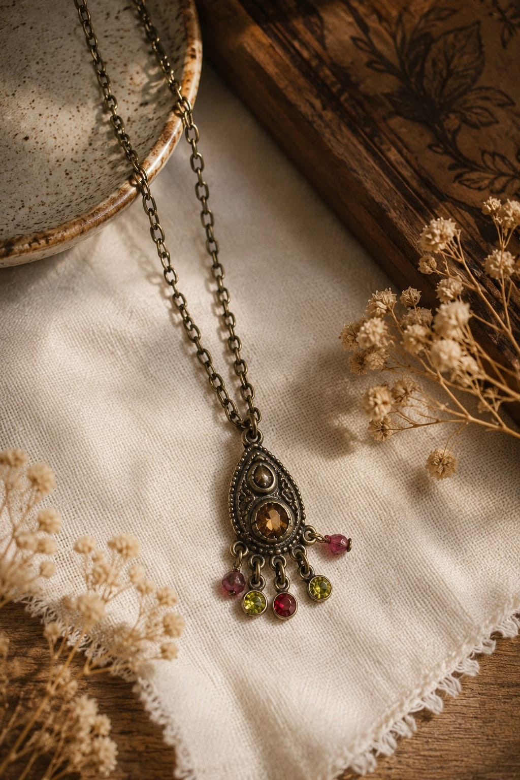 Vintage Boho Rhinestone Pendant Necklace Bronze Tone Multicolor Dangle Charm