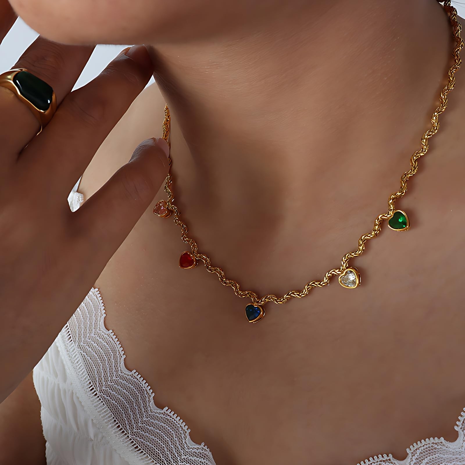 Womens Heart Shaped Gemstone Necklace for – Colorful Multi-Stone Pendant with…