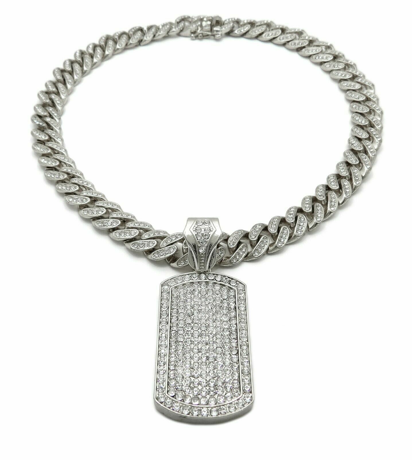 Hip Hop Dog Tag Bling pendant & 12mm 18″ Full Iced Cuban Choker Chain Necklace