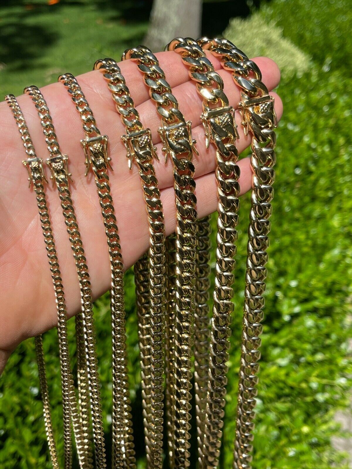 Cadena CUBANA o Pulsera De ACERO INOXIDABLE Bañado En Oro 14K en tamaños 4-14mm