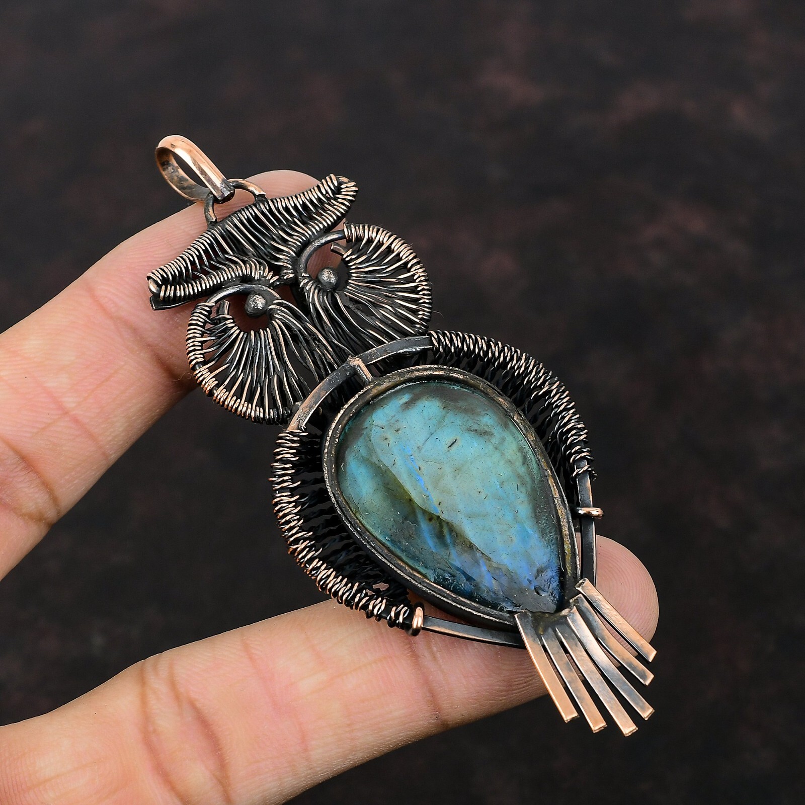 Labradorite Gemstone Jewelry Copper Mother Gift Wire Wrapped Owl Pendant 3.62″