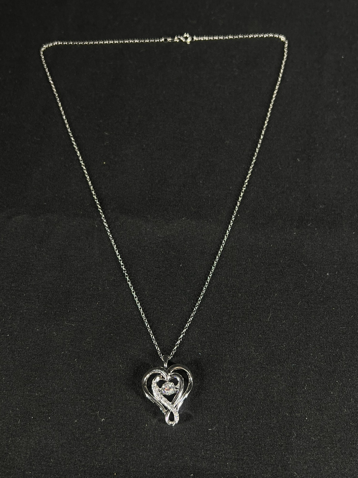 SAI Sterling Modern Heart Shape & Wiggle Rhinestone Pendant On Sterling Chain