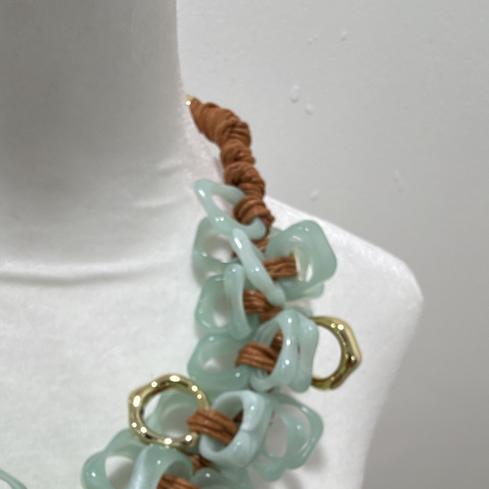 Aqua Acrylic Link Statement Necklace Brown Cord Gold Tone Cable Chain Adjustable