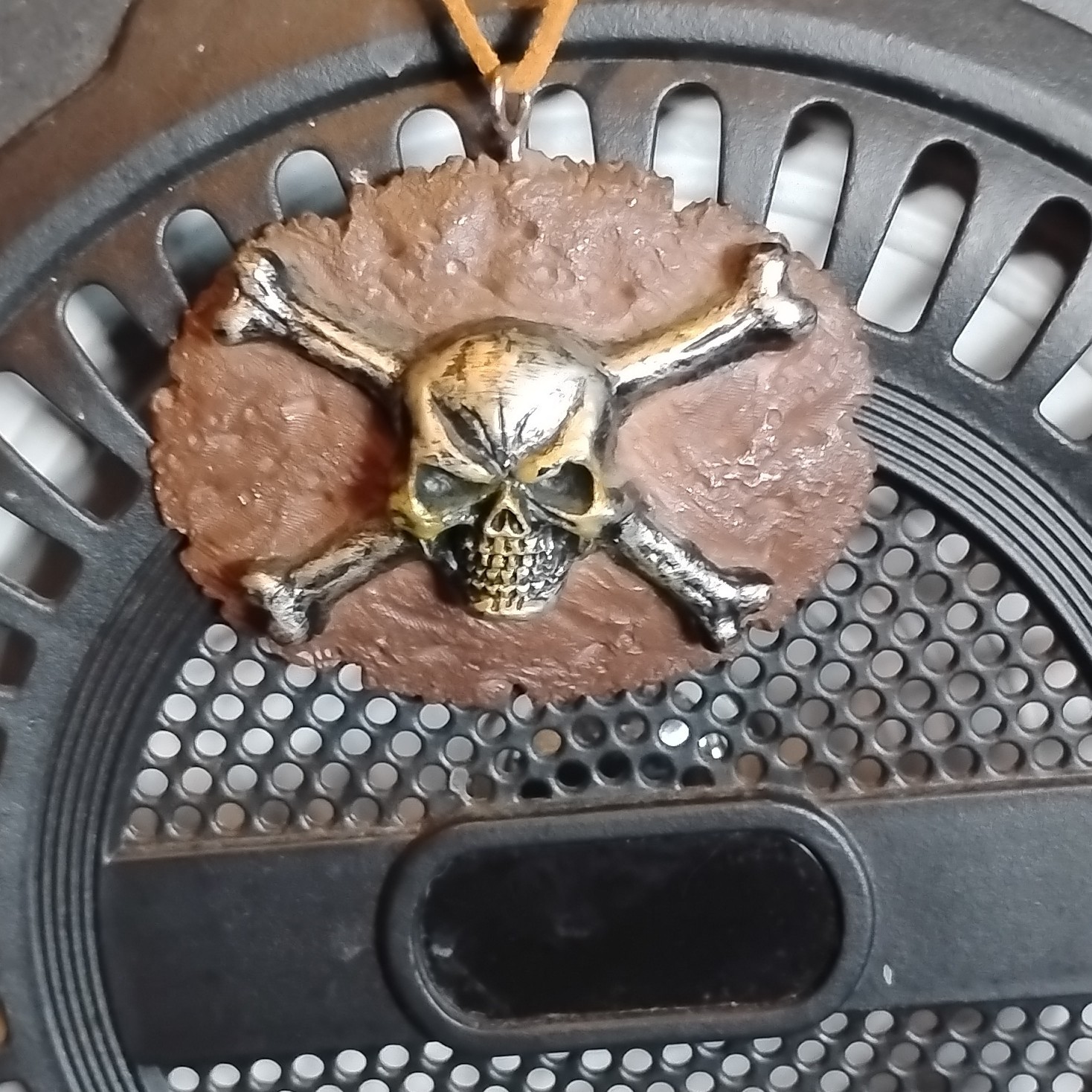 Skull & Crossbones Oval Charm Pendant Necklace Brown Cord, Silver Tone, Signed