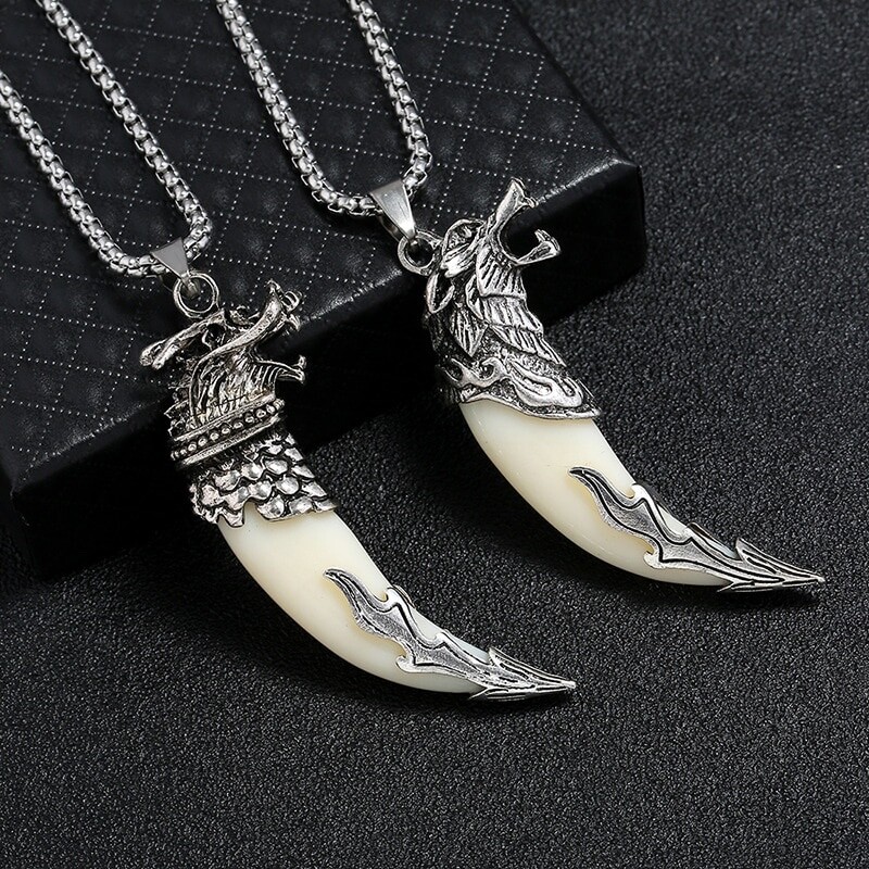 Men’s Fashion Jewelry Silver Viking Wolf Ivory Pendant Necklace 1-126