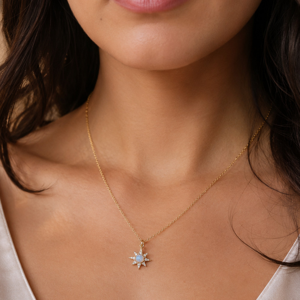 14 Karat Gold Plated CZ Star and Synthetic Opal Necklace