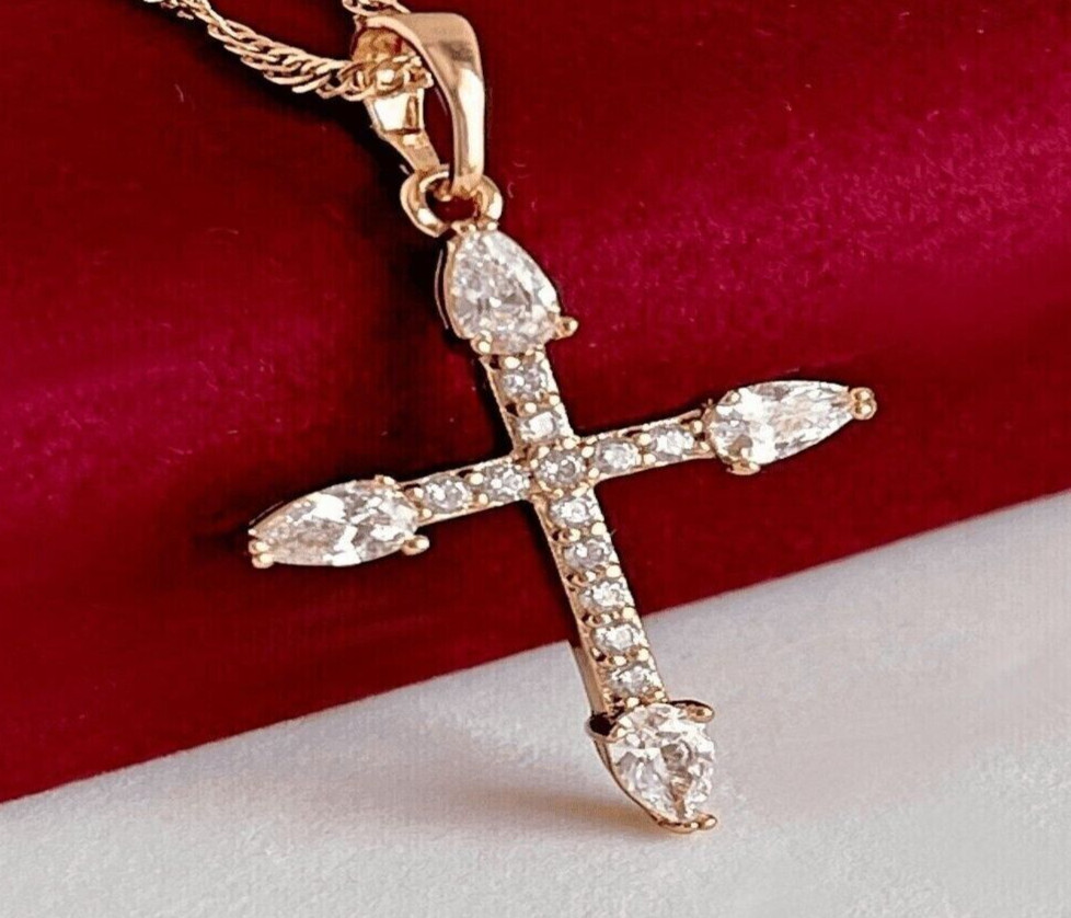 925 Sterling Silver Simulated Diamond Holy Cross Pendant 14K Yellow Gold Plated