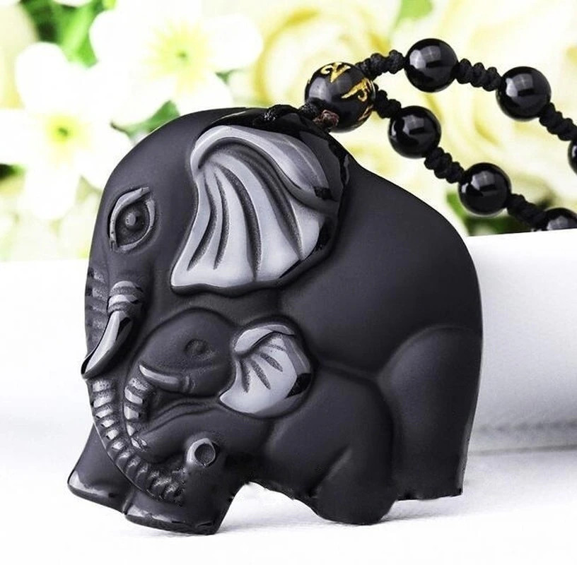 Men’s Fashion Jewelry Frosted Black Stone Beaded Elephant Pendant Necklace 491