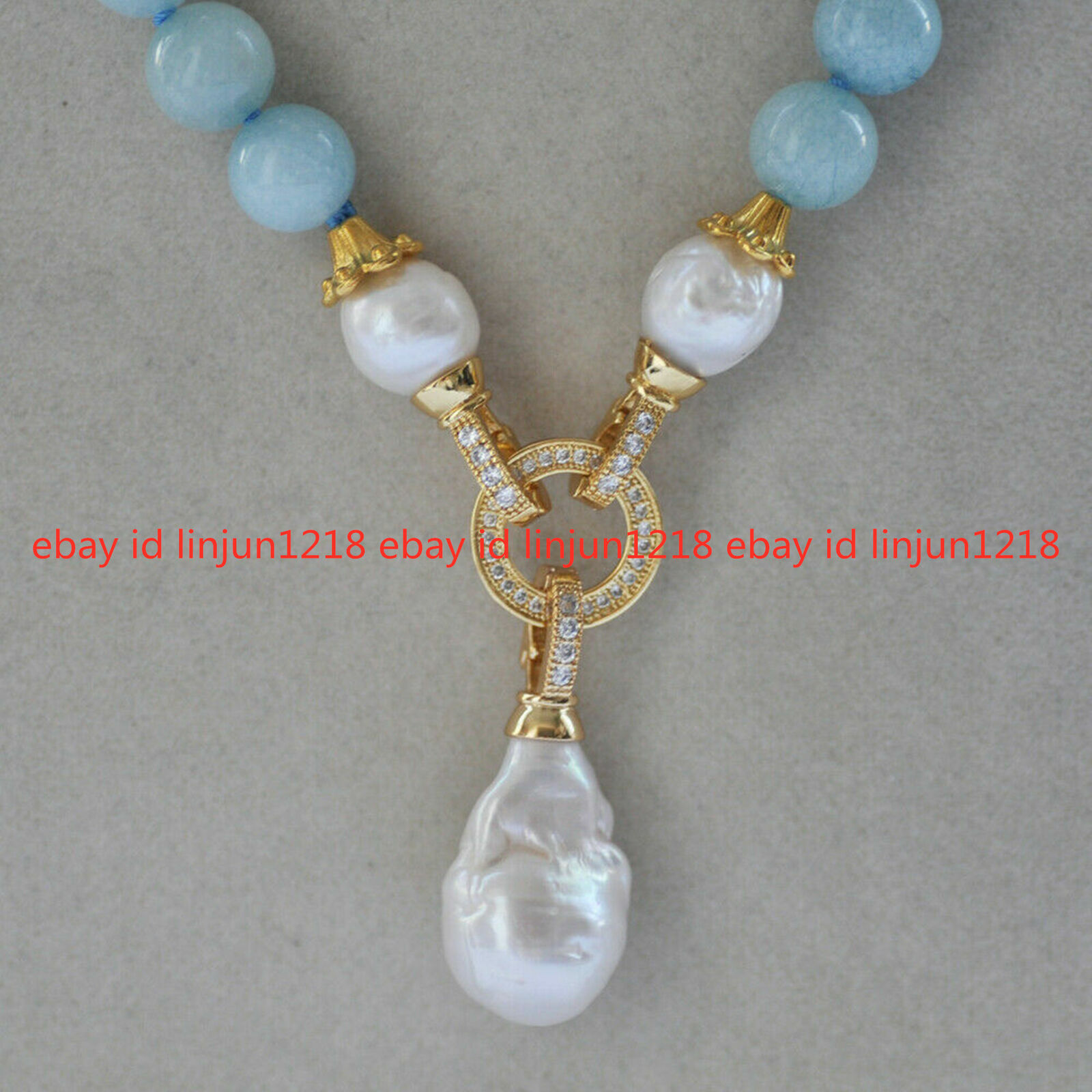 10mm Blue Aquamarine Gemstone Round Beads White Baroque Pearl Pendant Necklace