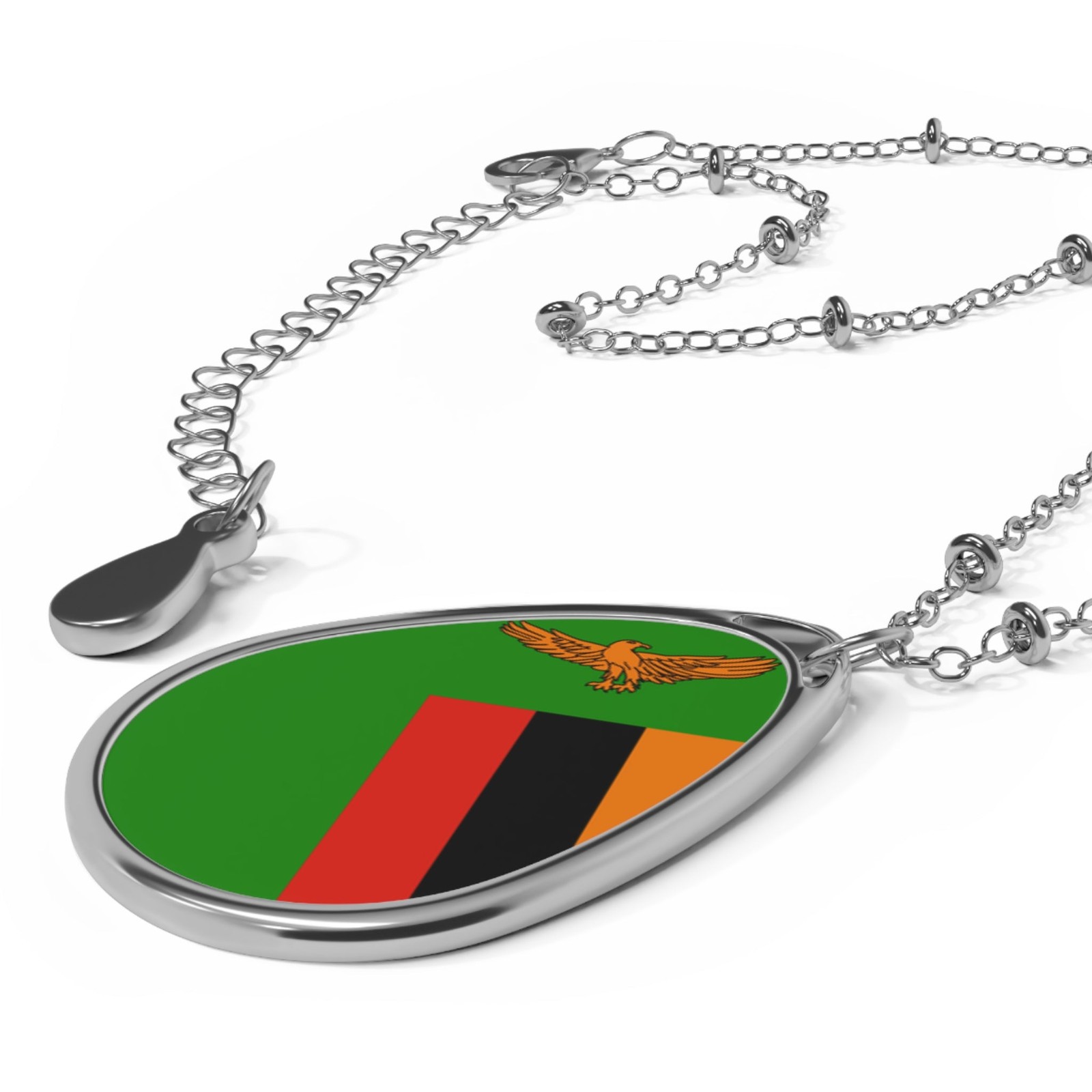 Zambia Flag Oval Necklace – Patriotic Zinc Alloy Pendant – One Size /