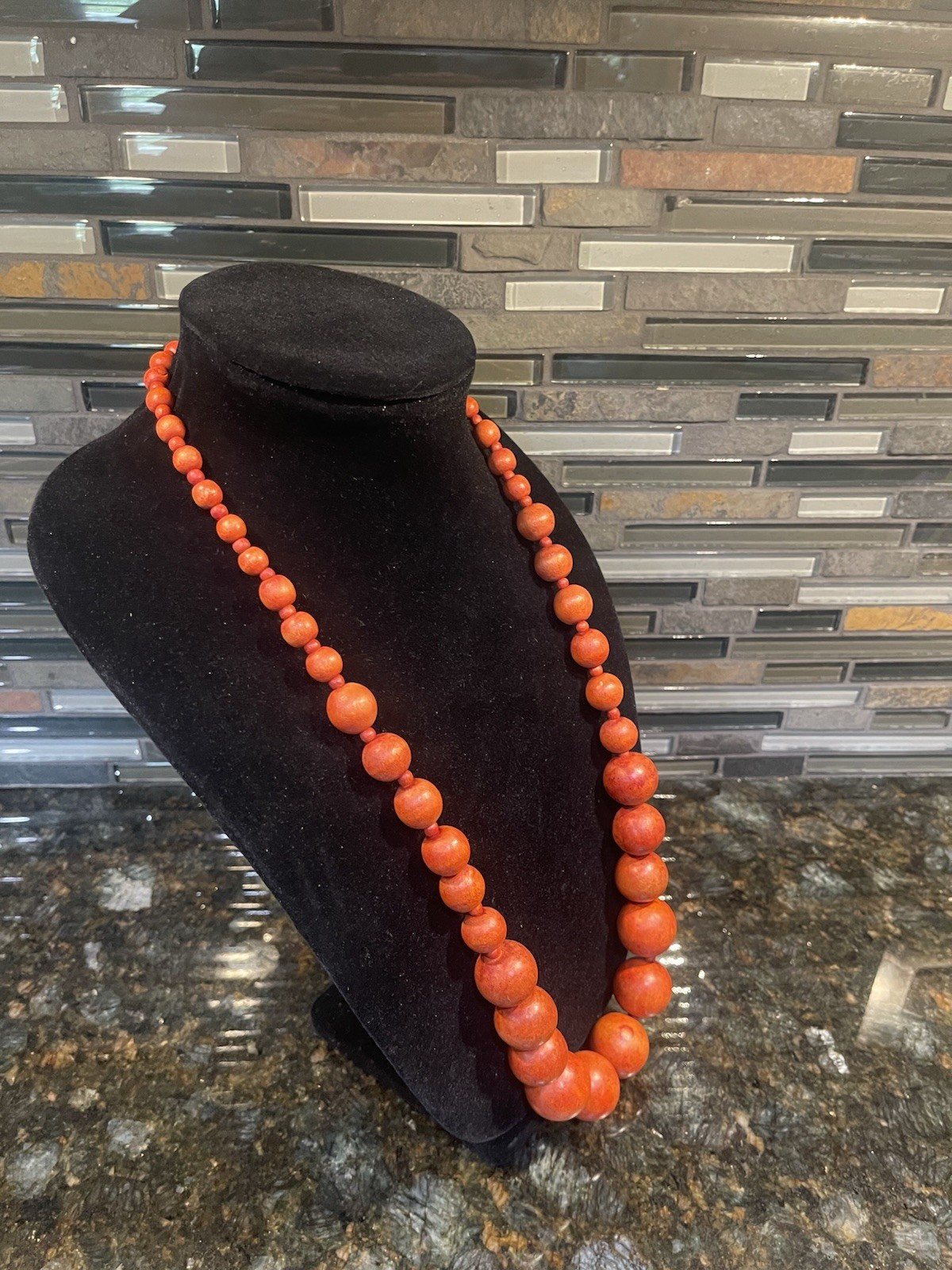 Graduated Orange Wooden Bead Statement Necklace Boho Chunky Retro Fashion 30”