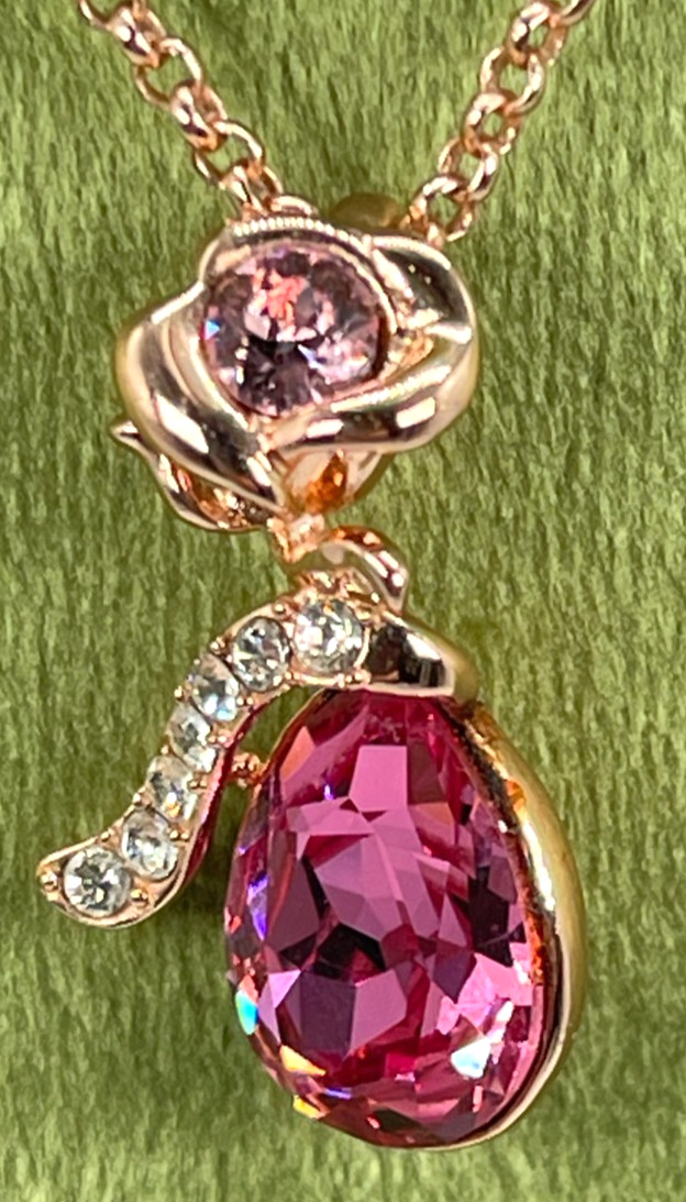 Necklace Rose Gold Tone Bright Pink Teardrop Crystal w/Rose Accent 16″ + 2′