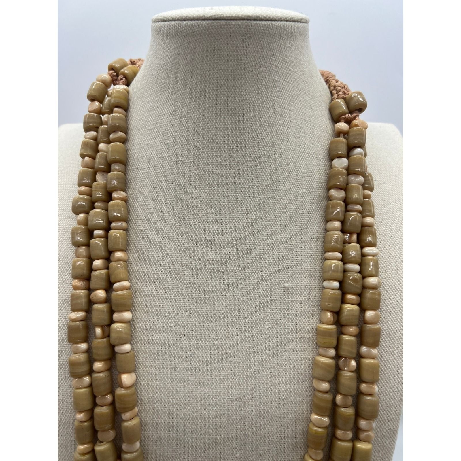 Multi Strand Chalcedony Agate Bead Necklace Boho Statement Artisan Tan