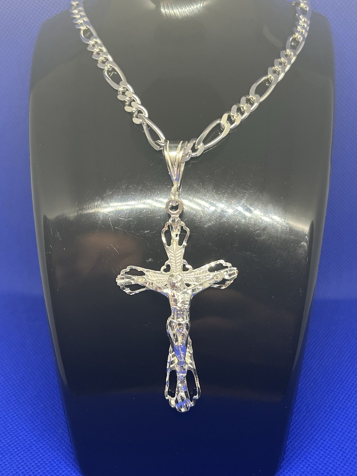 Silver Figaro Chain Necklace With Cross Pendant Religious