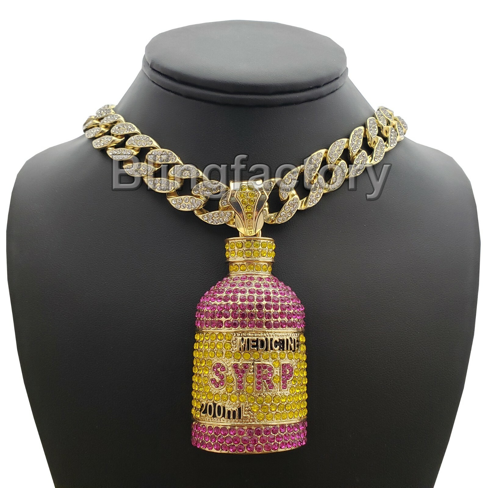 Hip Hop Lab Diamond Syrup Bottle Pendant & 18″ Full Iced Cuban Choker Chain Set