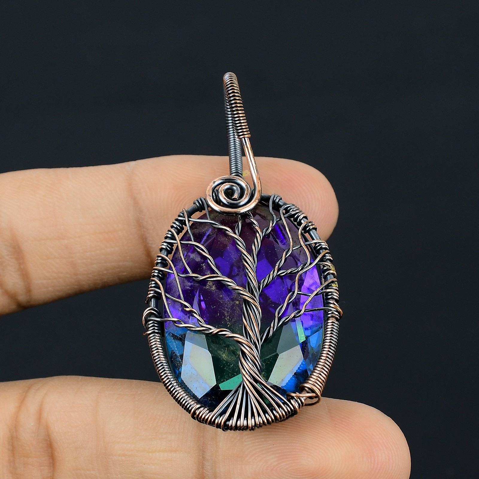 Bi Color Tourmaline Gemstone Copper Wire Wrap Jewely Pendant 2.4″ w022