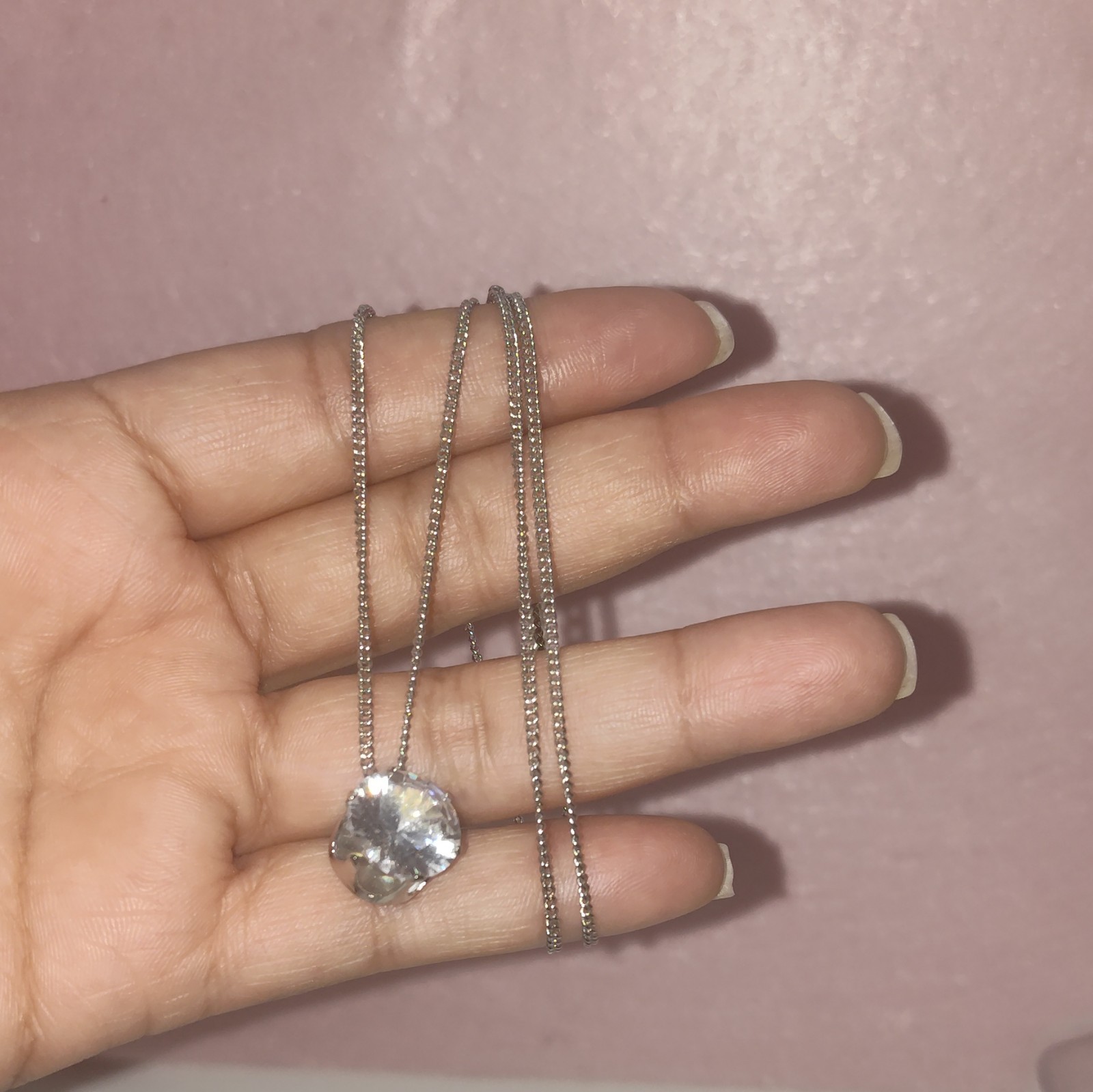Silver Tone Box Chain Necklace Round Clear Crystal Solitaire Pendant Prong