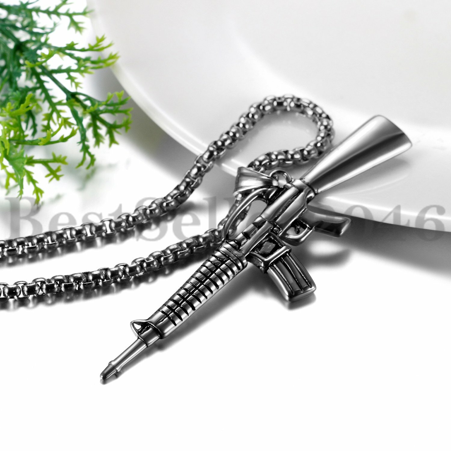 Mens Boys Stainless Steel Rifle Gun Military Army Jewelry Pendant Necklace 22″